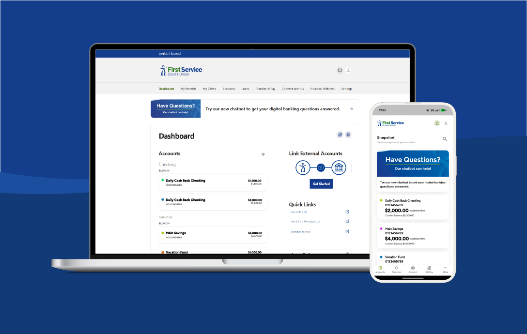 laptop and phone displaying First Service digital banking