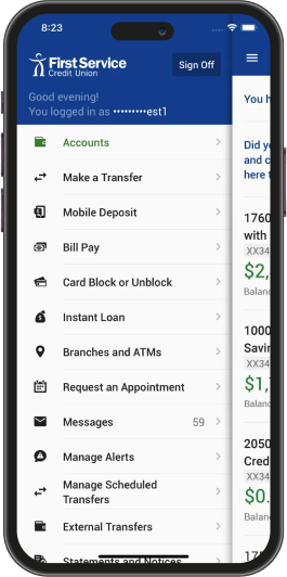 Phone displaying the First Service Digital Banking app